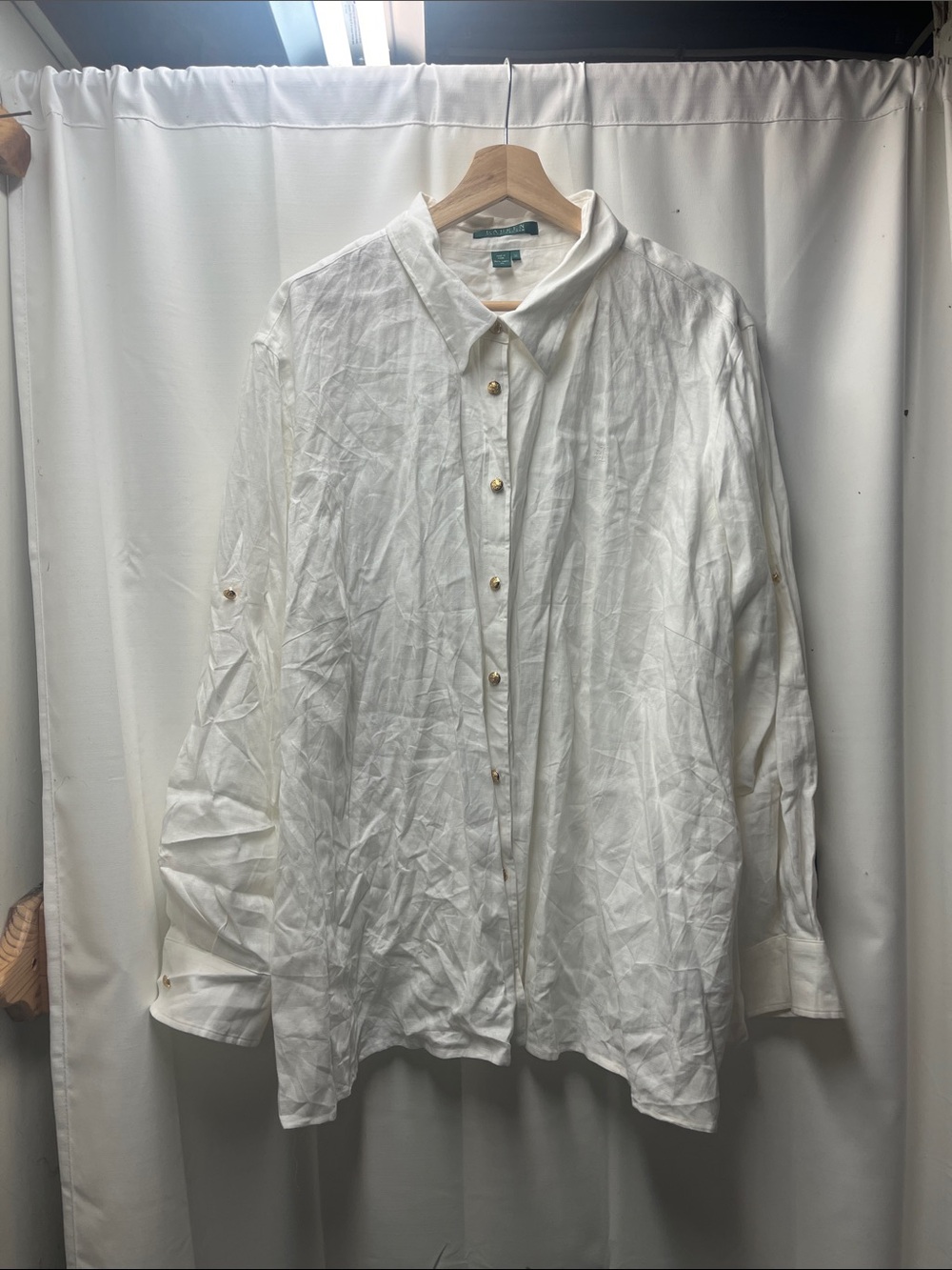 Ralph Lauren Vintage White Linen Gold Button Down Shirt Embroidered Logo- 3X - Picture 2 of 7
